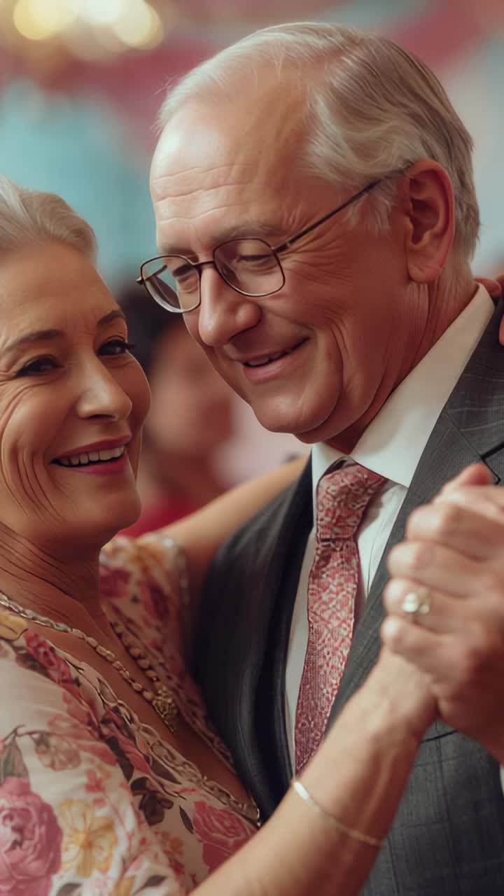 Vertical video: Dancing to music, senior couple swaying at reception, eyeglasses and floral dress