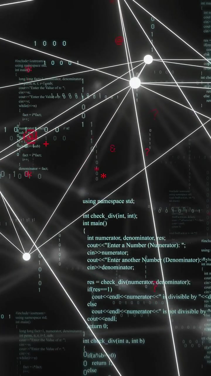 Vertical video: Upper left node firing network pulsing lines shifting clusters forming to show code