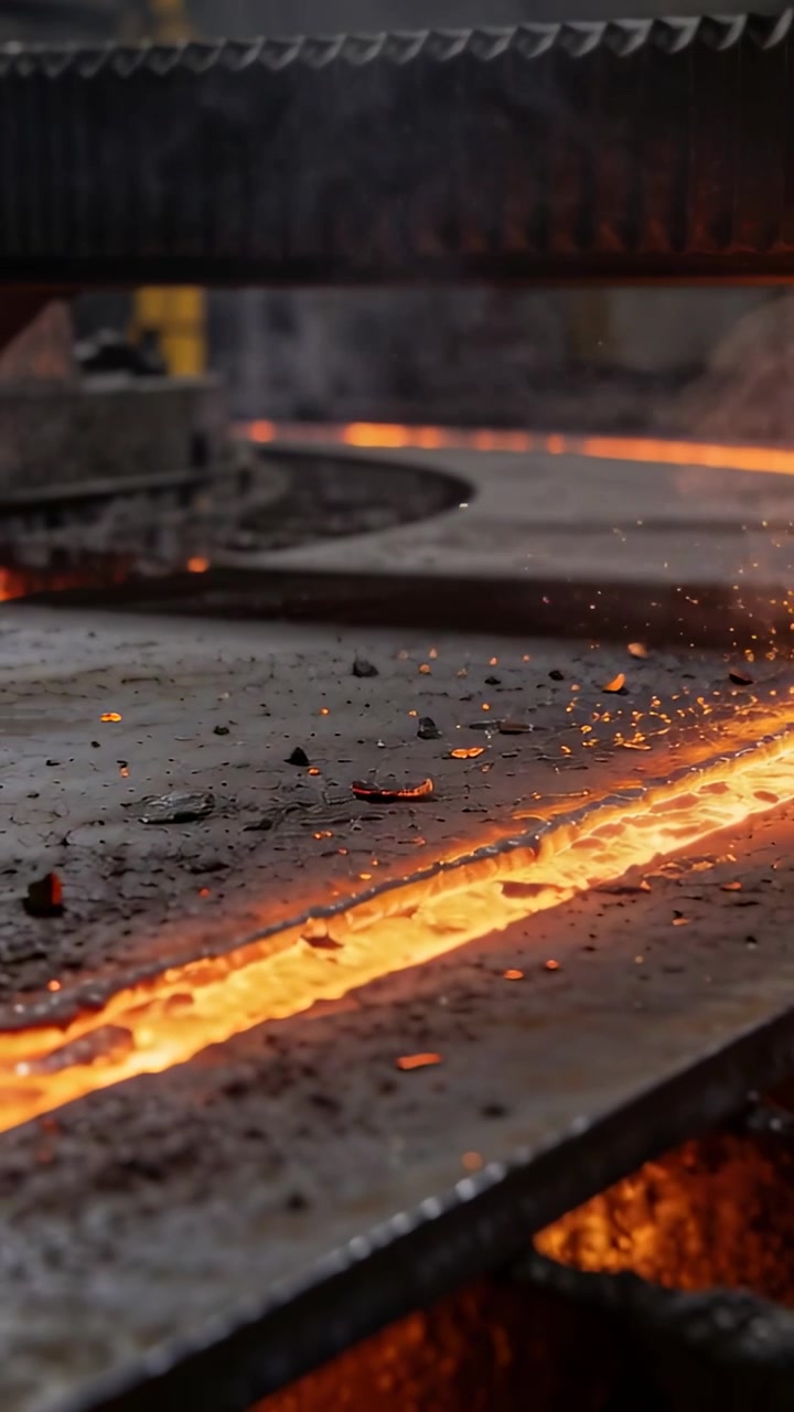 Video verticale: Flusso di metallo fuso che scorre lungo un letto metallico in un'acciaieria, emettendo scintille.