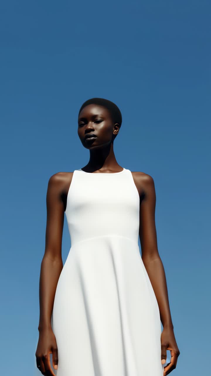 Elegant Woman in White Dress Posing Against Blue Sky