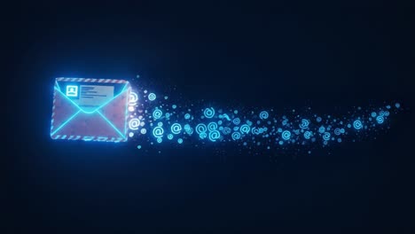 a digital envelope transmitting messages through a vibrant stream of blue light and data particles, representing modern communication in a creative visual representation