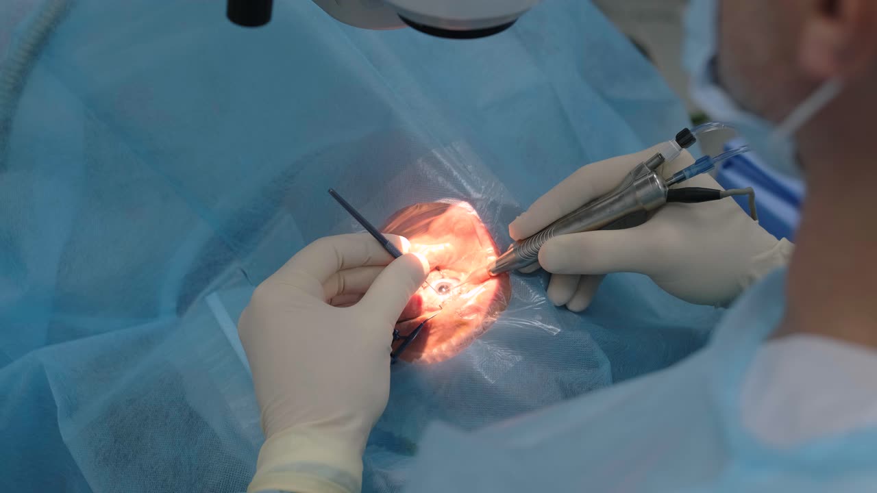 especialista en cirugía oftalmológica se sienta frente al microscopio realizando una operación. vista de bajo ángulo en la doctora realizando una cirugía de alta precisión. cirugía de cataratas asistida por láser femto.