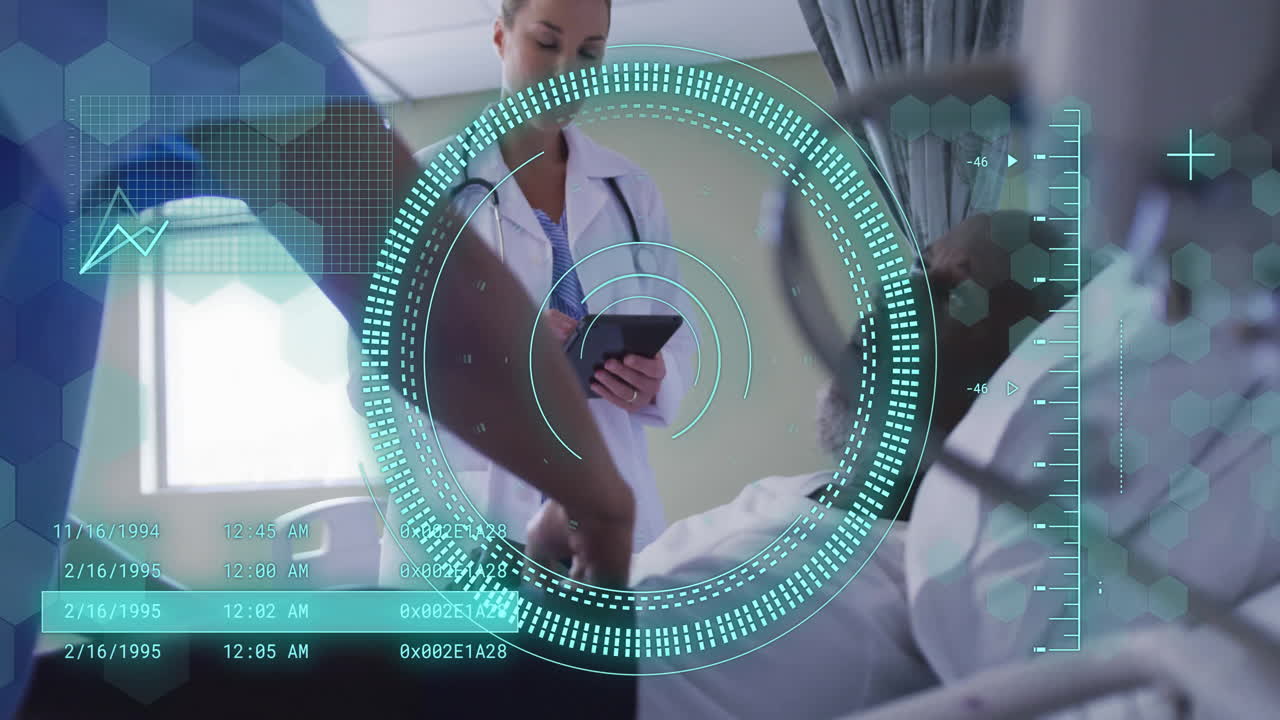 Animation of scope scanning and data processing over diverse doctors and patient in hospital
