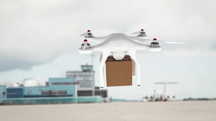 Animasjon av leveringsdrone mot et lasteskip