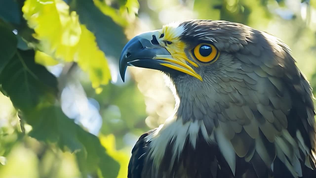primer plano de un águila marrón y gris con ojos amarillos afilados