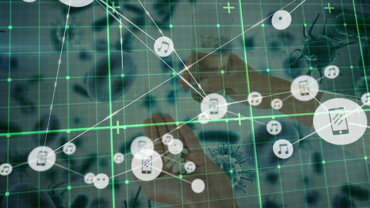 연결 네트워크의 애니메이션과 바이러스 세포와 데이터 처리에 대한 알약을 가진 손