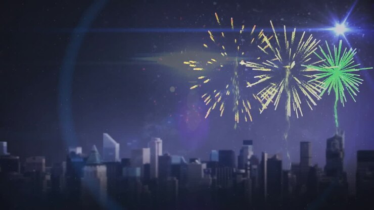 Fireworks animation over city skyline at night