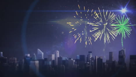 fireworks animation over city skyline at night