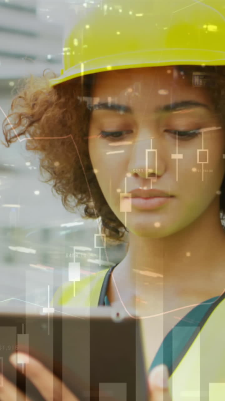 animación del procesamiento de estadísticas sobre una arquitecta usando una tableta en el sitio de construcción