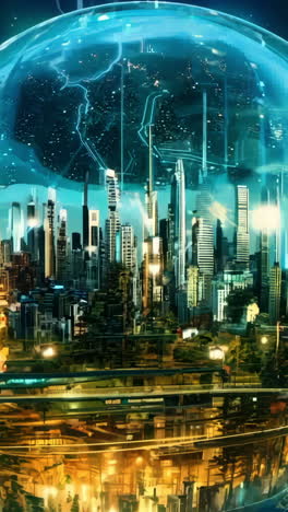 a large glass sphere with a city inside of it. the city is surrounded by trees and the sky is dark