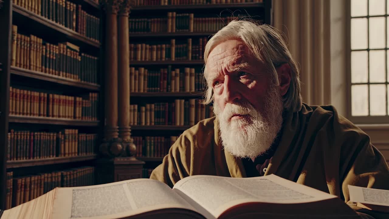 Un anziano pensieroso legge in una biblioteca, ripreso dal basso, evocando un'atmosfera cinematografica
