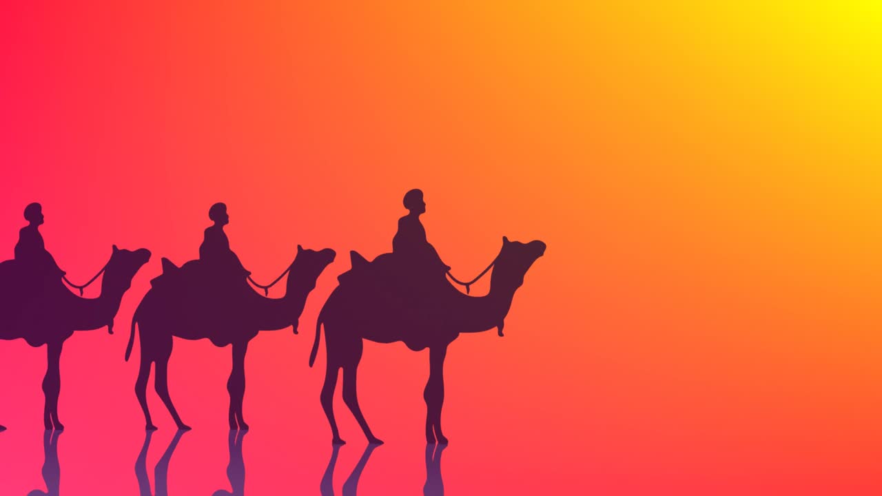 animación de tres hombres sabios en camellos sobre un fondo amarillo a rojo brillante