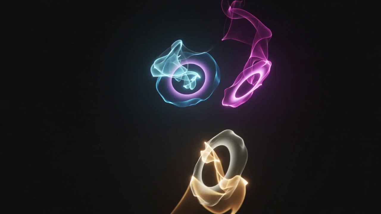 Starting three torus smoke rings drifting, rotating in dark void, forming glow, emitting wisps