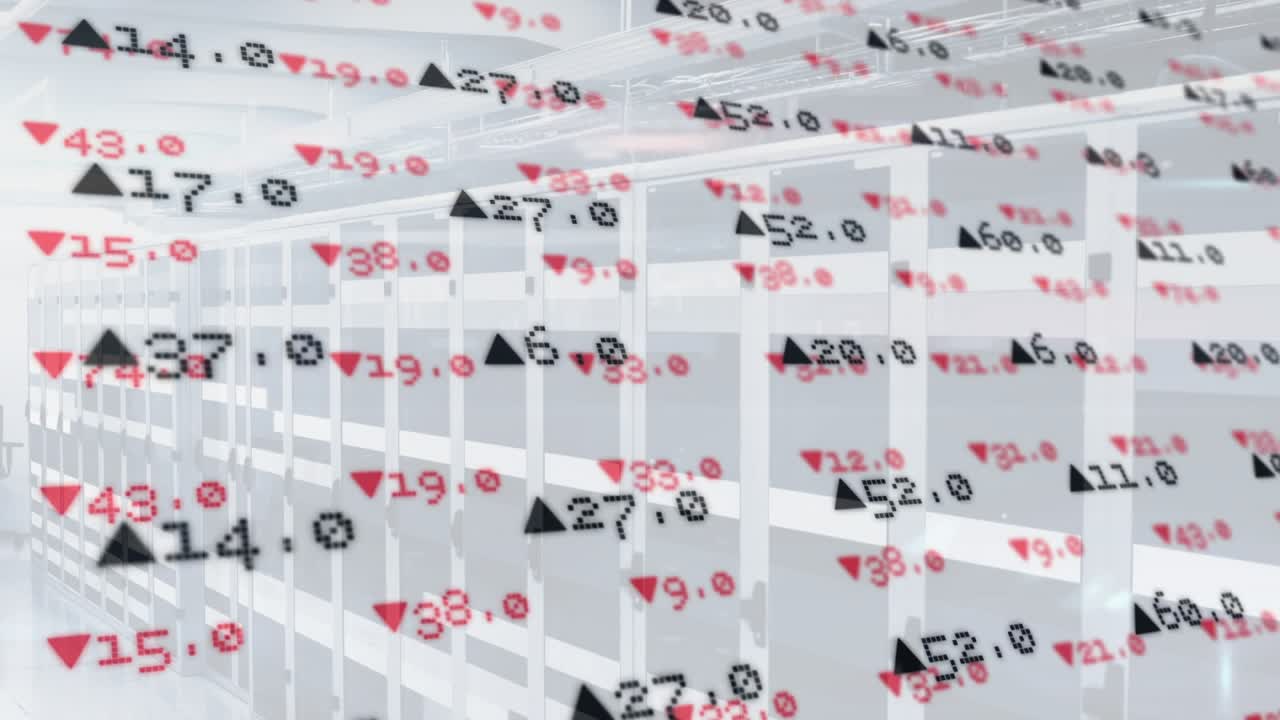 Data overlay appearing initiating camera gliding through central aisle showing white shelving racks