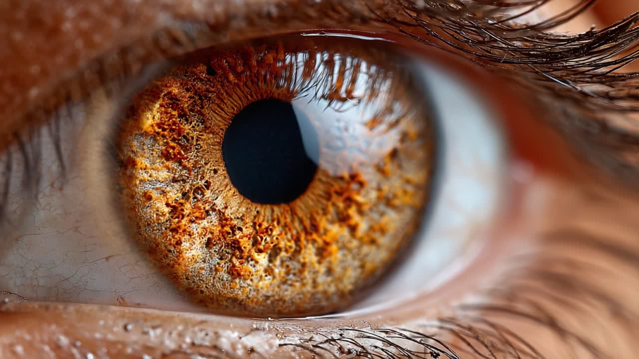 Un'esplorazione ravvicinata di un bellissimo occhio color nocciola, che cattura dettagli intricati dell'iride e texture uniche nel colore e nei riflessi di luce
