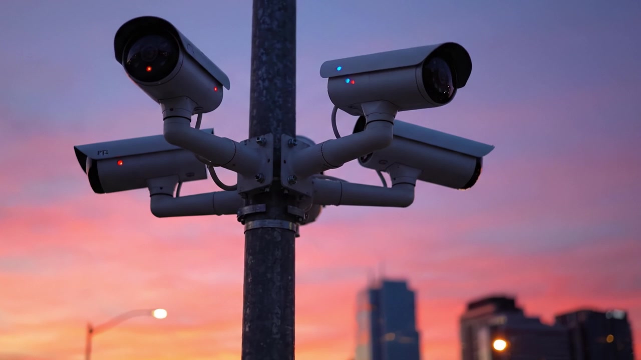 Caméras de surveillance sur fond de magnifique ciel de coucher de soleil: une scène urbaine moderne mettant en lumière la technologie de sécurité dans les paysages urbains
