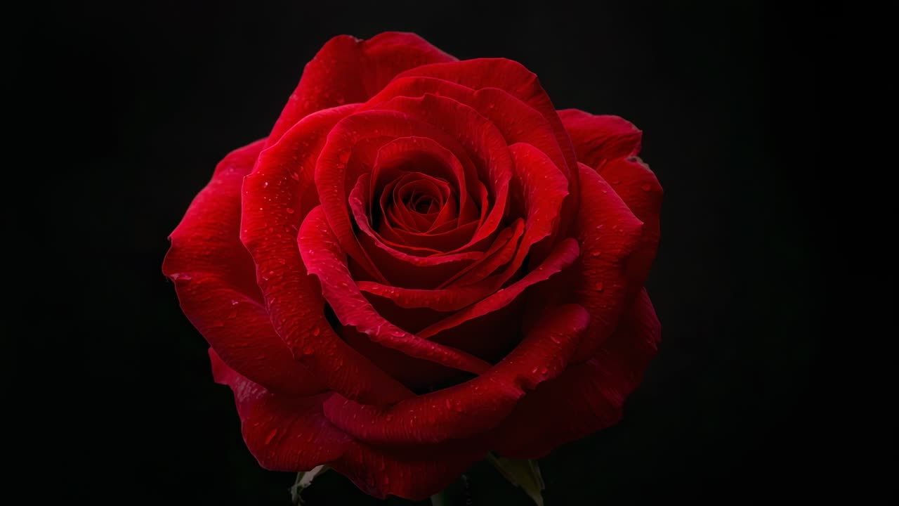 Zoom della camera che si avvicina al bocciolo di rosa rossa in studio per evidenziare la texture, le gocce d'acqua e i sepali