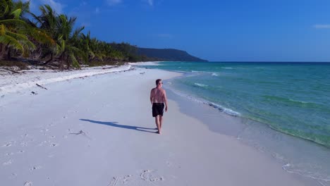 crystal clear turquoise water and white sand beach, lined with lush palm trees and a lone tourist enjoying the serene tropical paradise. wonderful aerial view flight pursuit flight drone