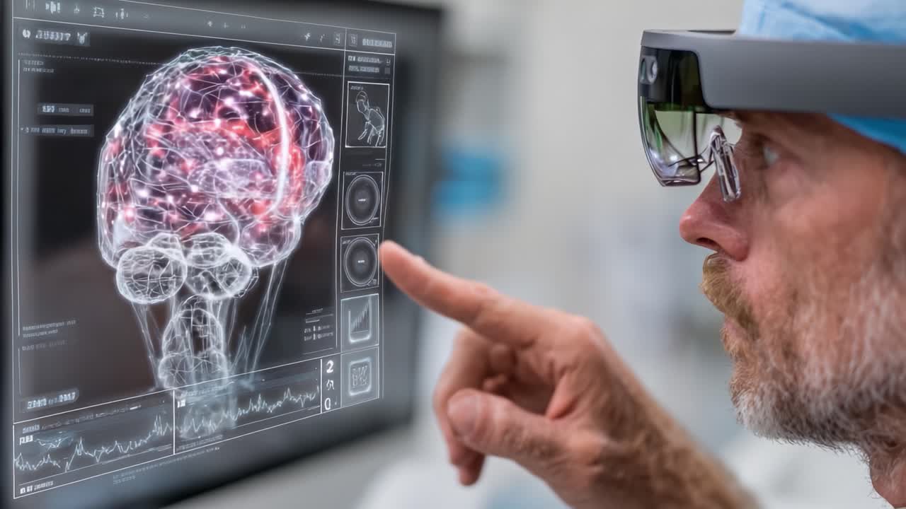 Visualización avanzada de neurociencia: Un profesional examina un modelo cerebral digital con tecnología de realidad aumentada para mejorar la comprensión y el análisis en aplicaciones médicas.