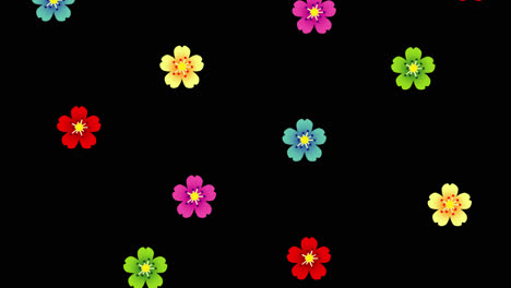 animation cartoon flat style of pink, green, blue, red, and yellow flowers falling from above and disappearing on the bottom