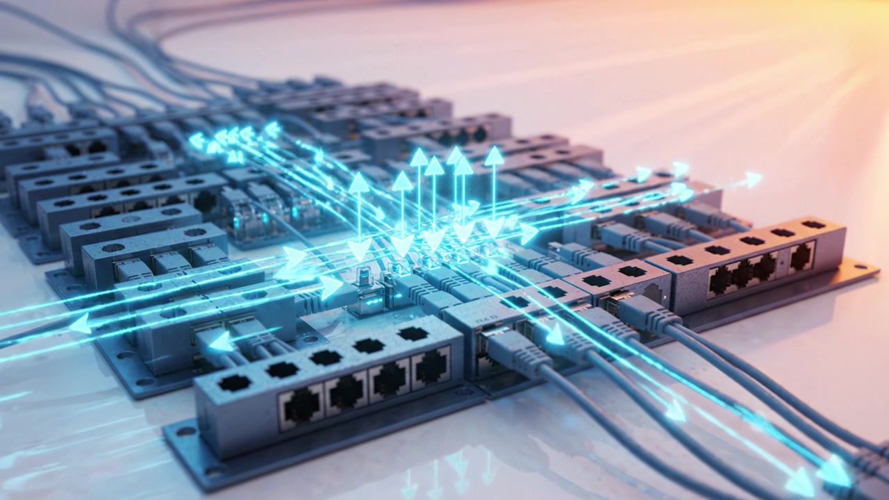 Intricate Arrangement of Network Cables and Connectors Displaying High-Technology Infrastructure in a Modern Setting With Illuminated Background