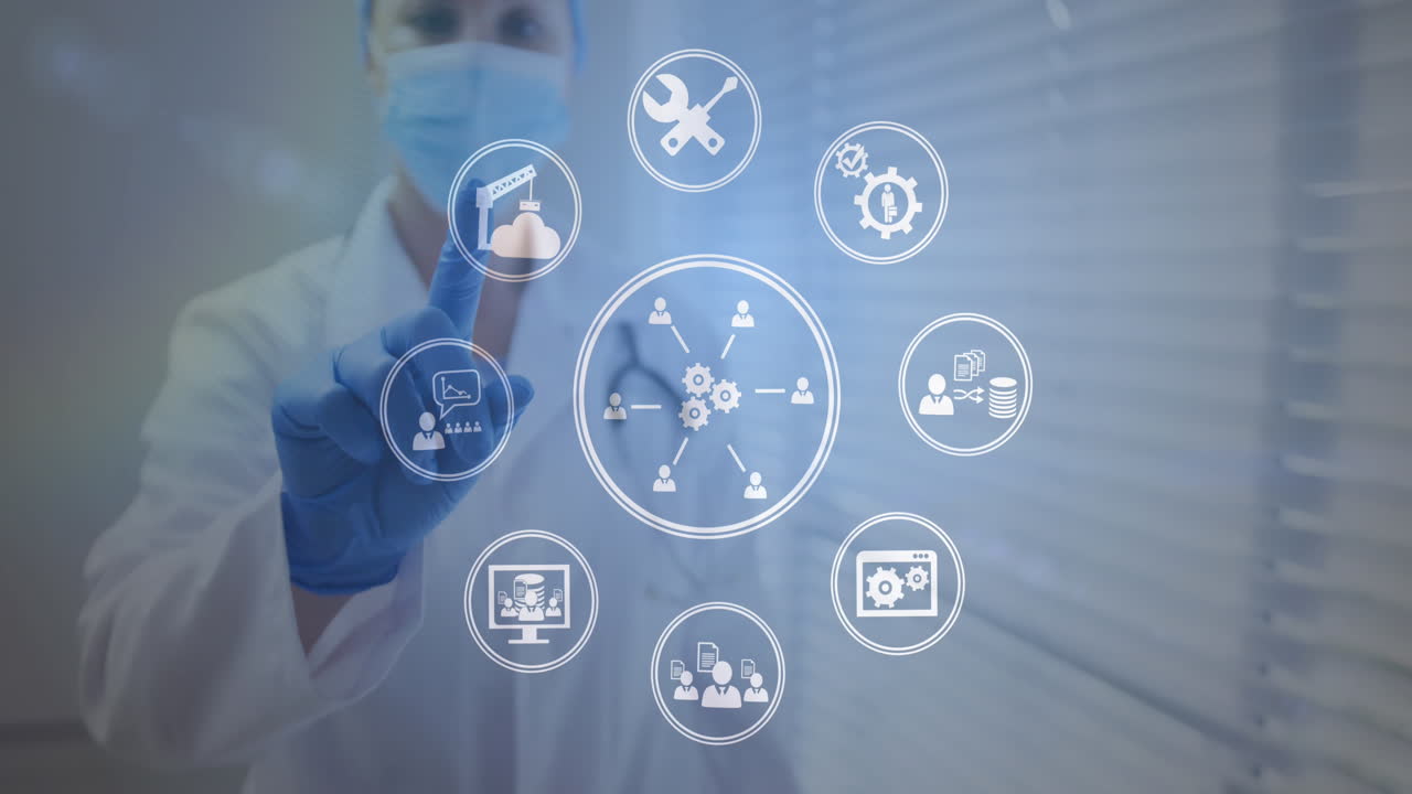 얼굴 마스크를 입은 백인 여성 의사에 대한 디지털 아이콘 데이터 처리의 애니메이션