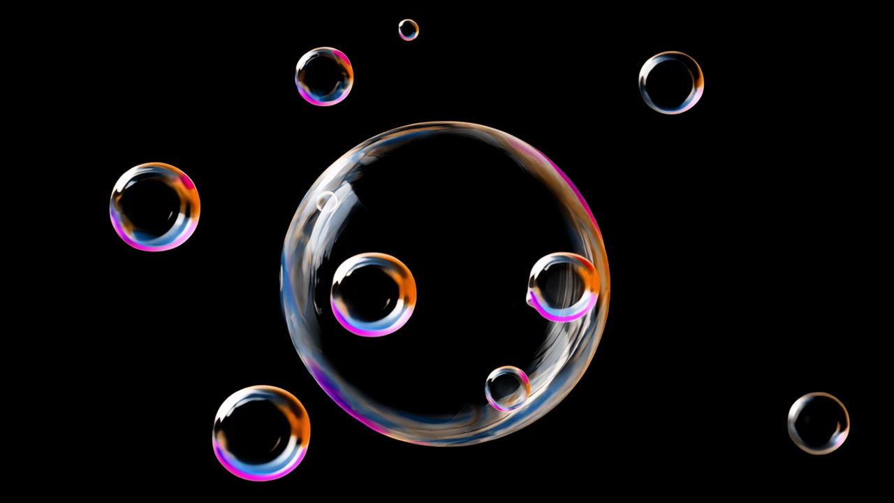 Multiple Iridescent Soap Bubbles Floating on Black Background