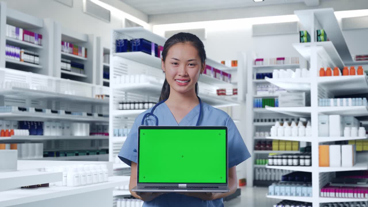 아시아 여성 의사는 스테토스코프를 들고 미소 짓고 약국에 서서 녹색 화면 노트북을 보여줍니다.
