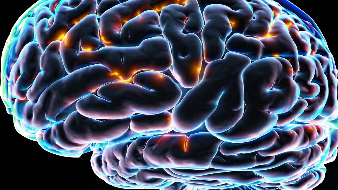Nærbillede videobillede af en menneskehjerne med glødende neurale baner, fanget fra en lav vinkel