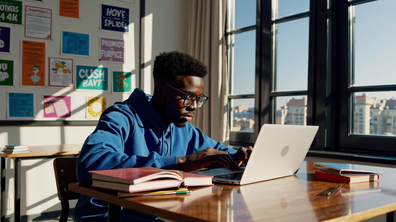 A focused student in a sunlit classroom works on a laptop