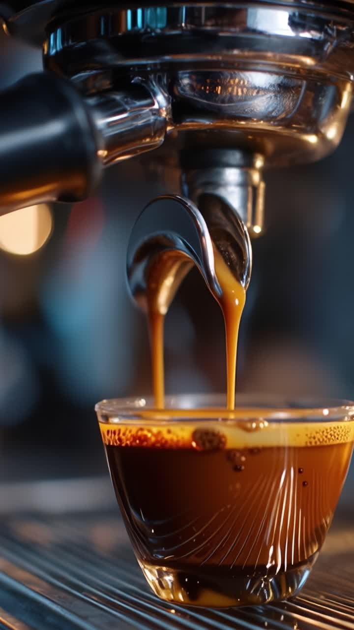 Preparare l'espresso perfetto: Catturare l'arte dell'estrazione del caffè con crema ricca e aromi intensi in questa splendida sequenza ravvicinata di preparazione del caffè.