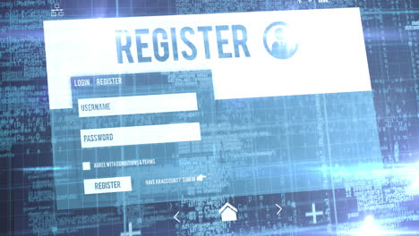 animation of screen with registration page over blue background