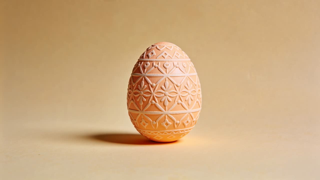 Zooming camera moving inward after operator cue in studio, revealing carved peach egg