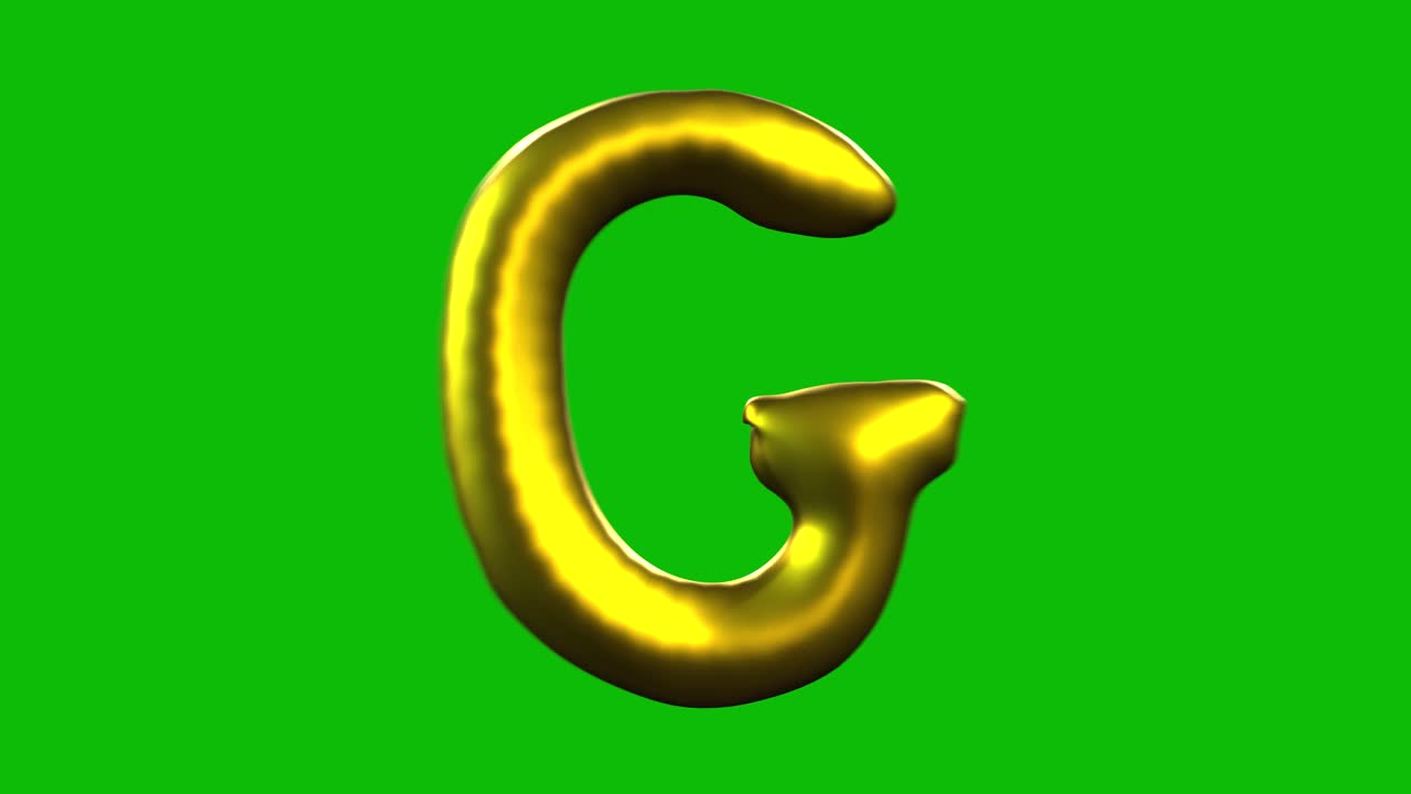 La lettera G di un palloncino in lamina d'oro si gonfia, ruota e si rivela su uno sfondo verde in animazione 3D. Ideale per celebrazioni, feste, compleanni e progetti di video editing.