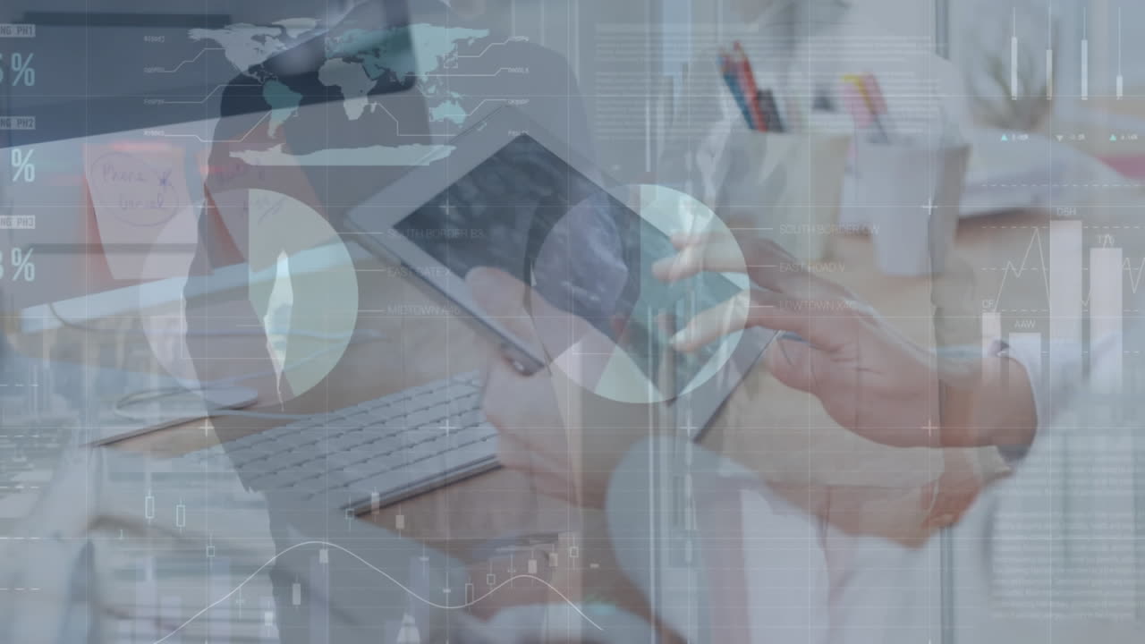 estadísticas de animación y procesamiento de datos financieros sobre una mujer de negocios caucásica que usa una tableta.