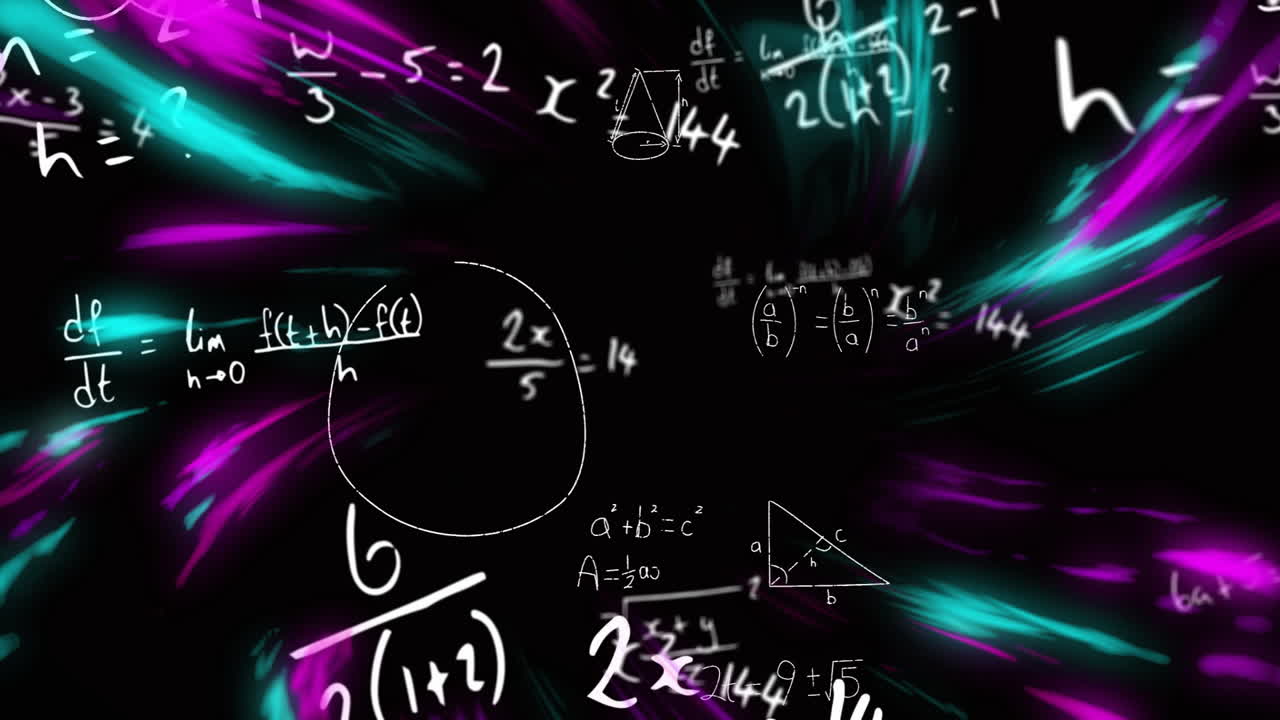 Animation with swirling neon background featuring mathematical equations and symbols