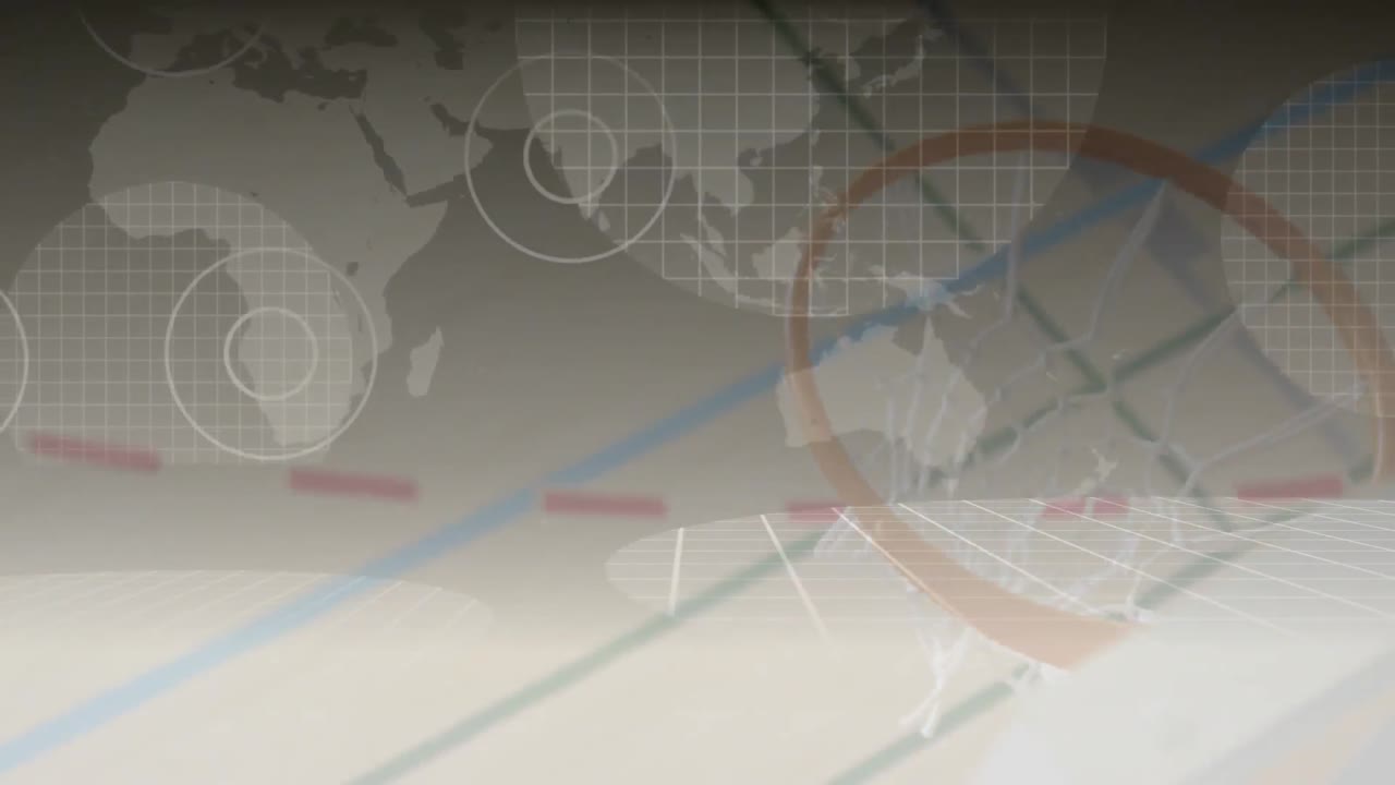 세계 지도와 커뮤니케이션 허브의 애니메이션 농구 선수의 득점 골