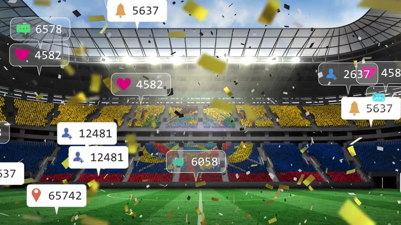 Spor stadyumunda tribünlerdeki Ekvador bayrağının ve kalabalığın üzerinde sosyal medya simgeleri ve konfeti animasyonu.