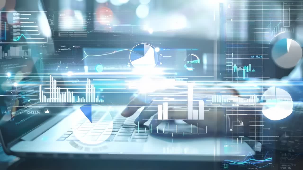Futuristic video concept with a side angle of hands typing on a laptop, overlaid with digital graphs