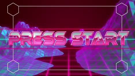 animation of press start over mountains on pink and black background