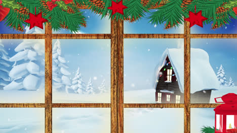 Animation-Einer-Winterlandschaft-Mit-Weihnachtsdekoration,-Gesehen-Durch-Ein-Fenster