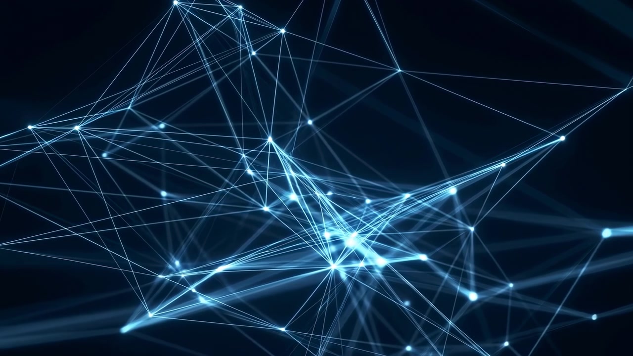 Ampia vista frontale di nodi ciano-blu interconnessi uniti da sottili linee luminose, che formano una fitta rete triangolare a strati su uno sfondo blu scuro profondo con profondità astratta futuristica e luminosità