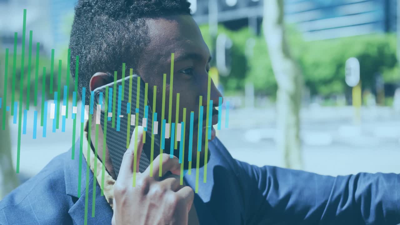 During tech call man lifting smartphone, speaking while generating bars showing speech on sidewalk