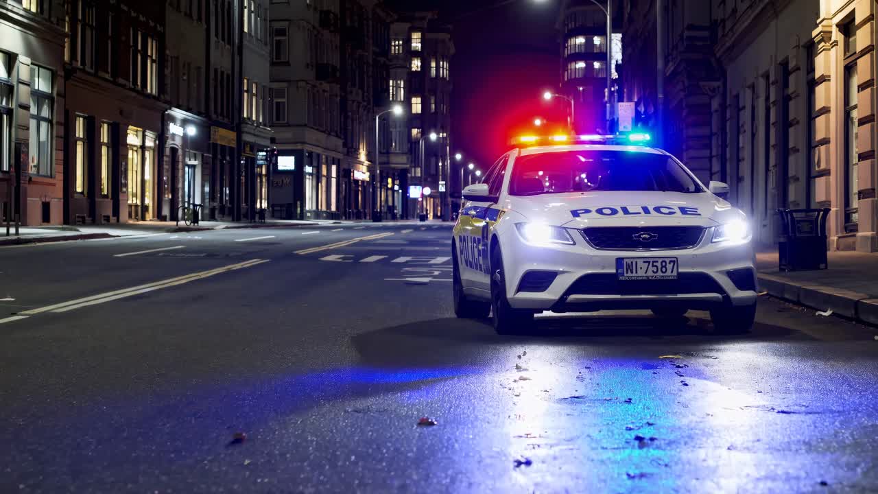 Nighttime street scene with a police car's flashing lights reflecting on wet pavement