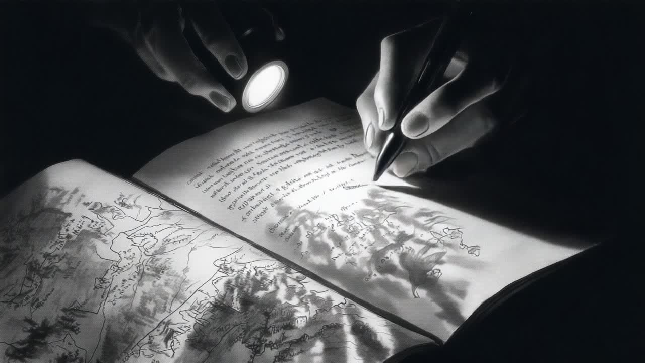 Illuminated Exploration: A Thoughtful Journey through Handwritten Notes and Illustrations in Dim Light, Capturing the Essence of Discovery and Reflection through Personal Expression
