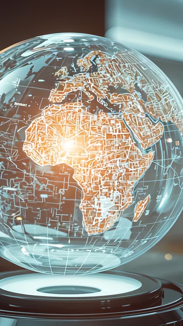 Vertical video: Activating base, holographic circuit globe rotating in lab with stripe