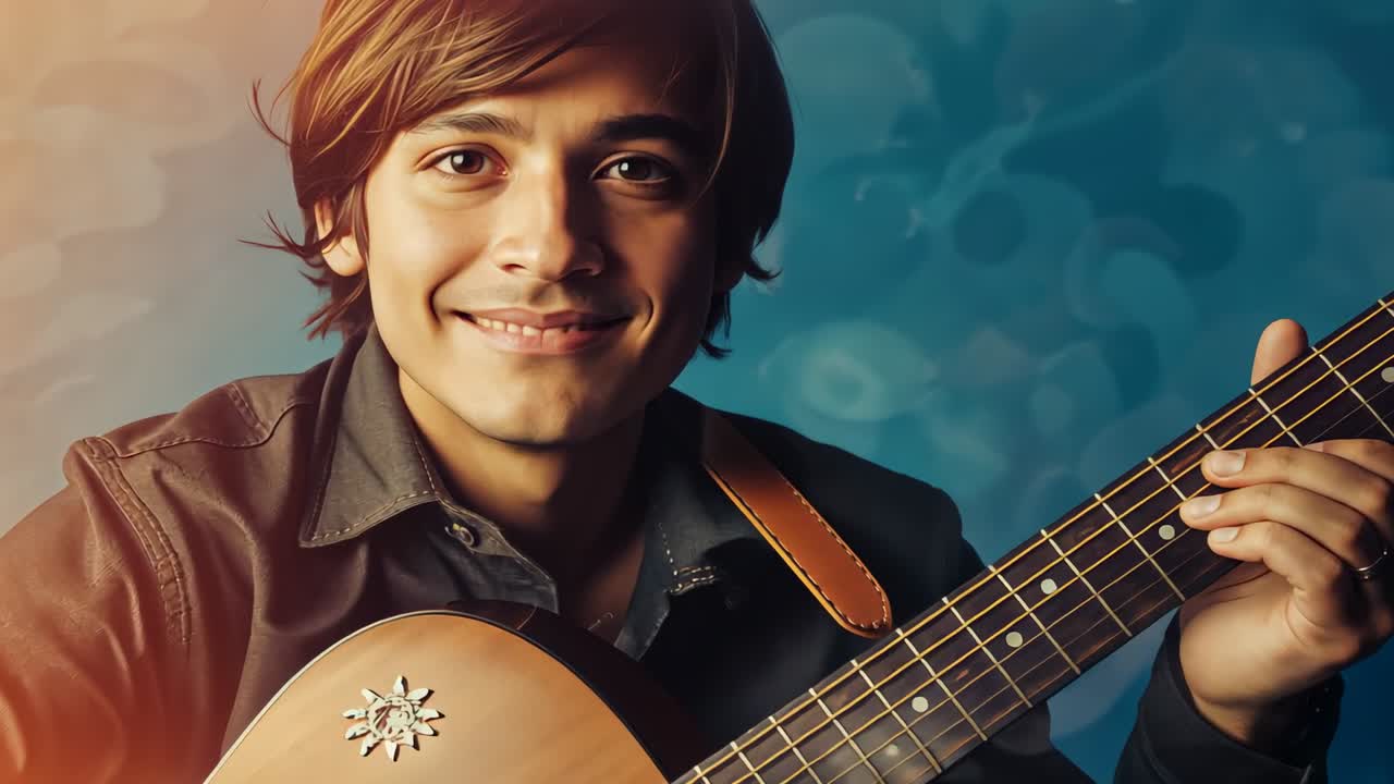 Musicista sorridente che crea un accordo mentre tiene una chitarra con la tracolla in pelle mentre la telecamera si avvicina nello studio