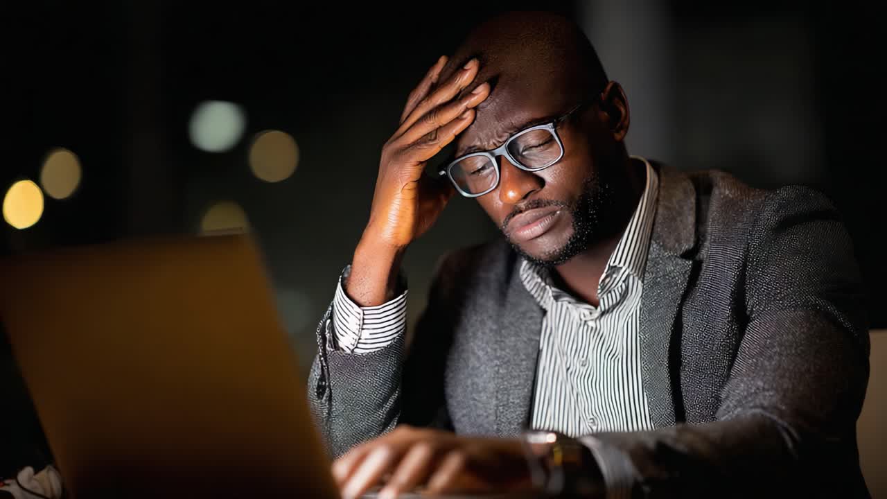 A bespectacled man experiences frustration and stress while working late at his laptop, illuminated by the glow of the screen in a dimly lit environment