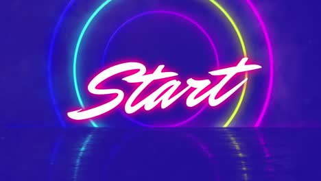 animation of start text over neon shapes on blue background