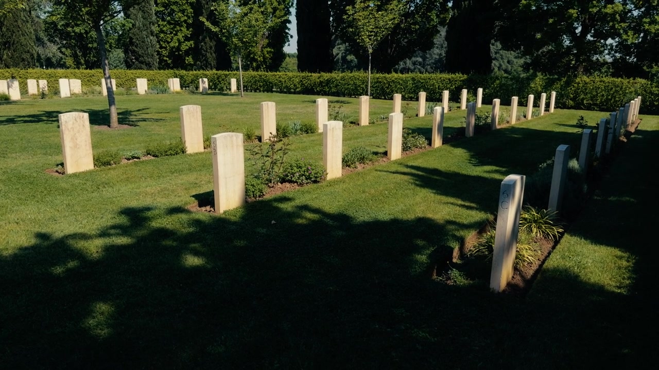 File di lapidi in un cimitero verde